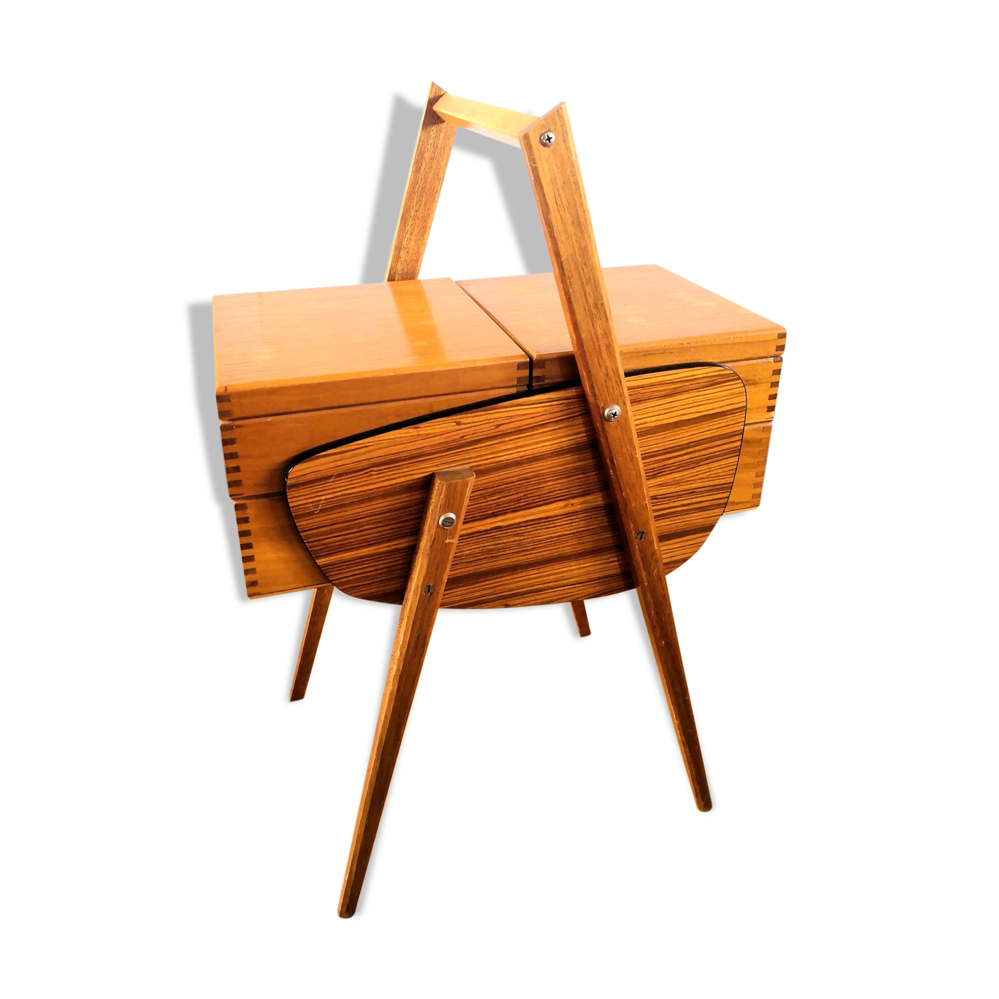 Travailleuse pieds compas bois et formica design années 50 - 60