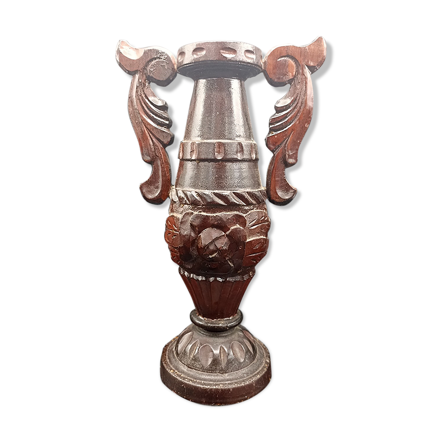 Carved wood amphora vase varnished