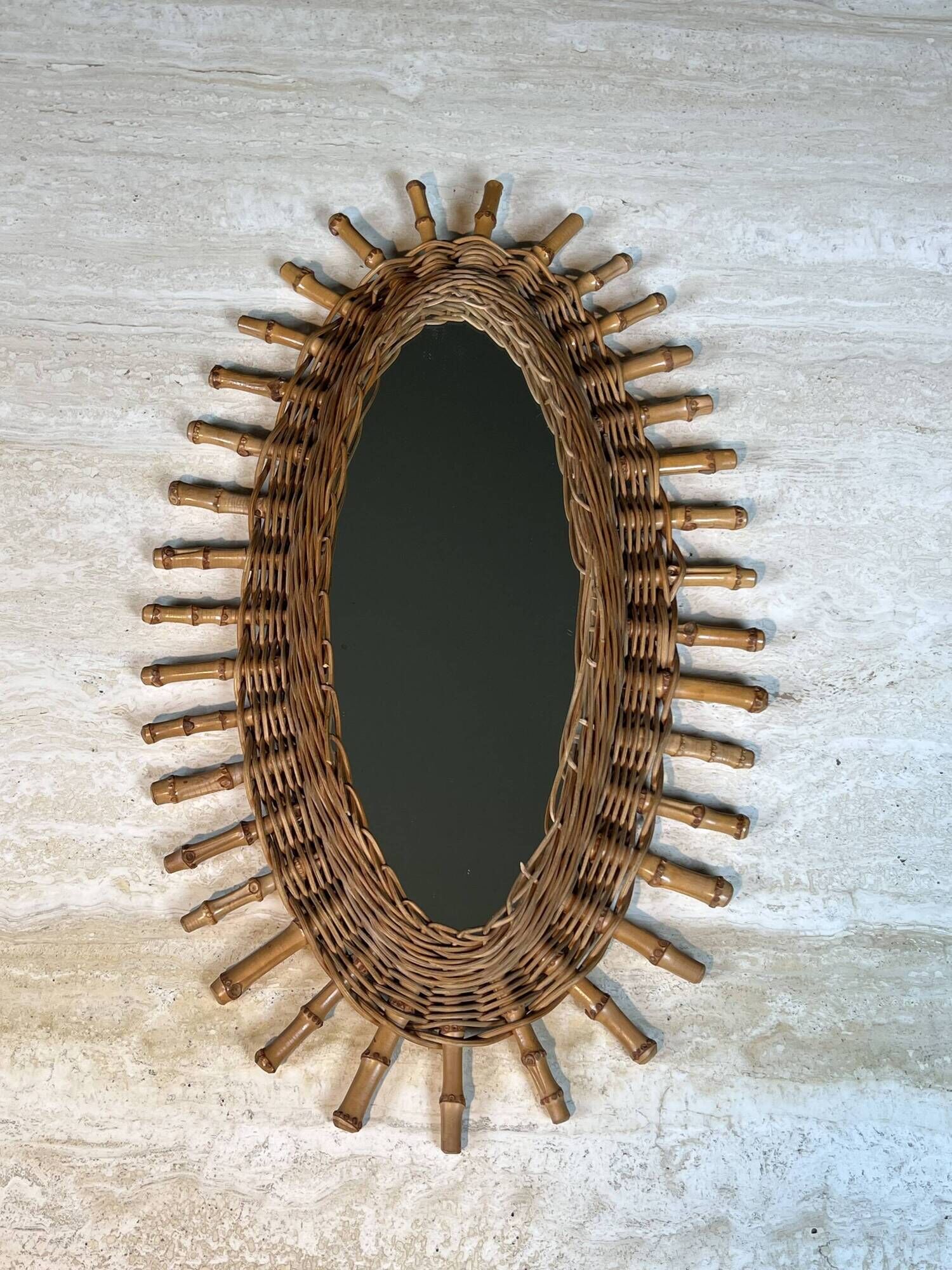 Oval Mirror in Rattan. Woven Willow and Bamboo. French Work from the Riviera.