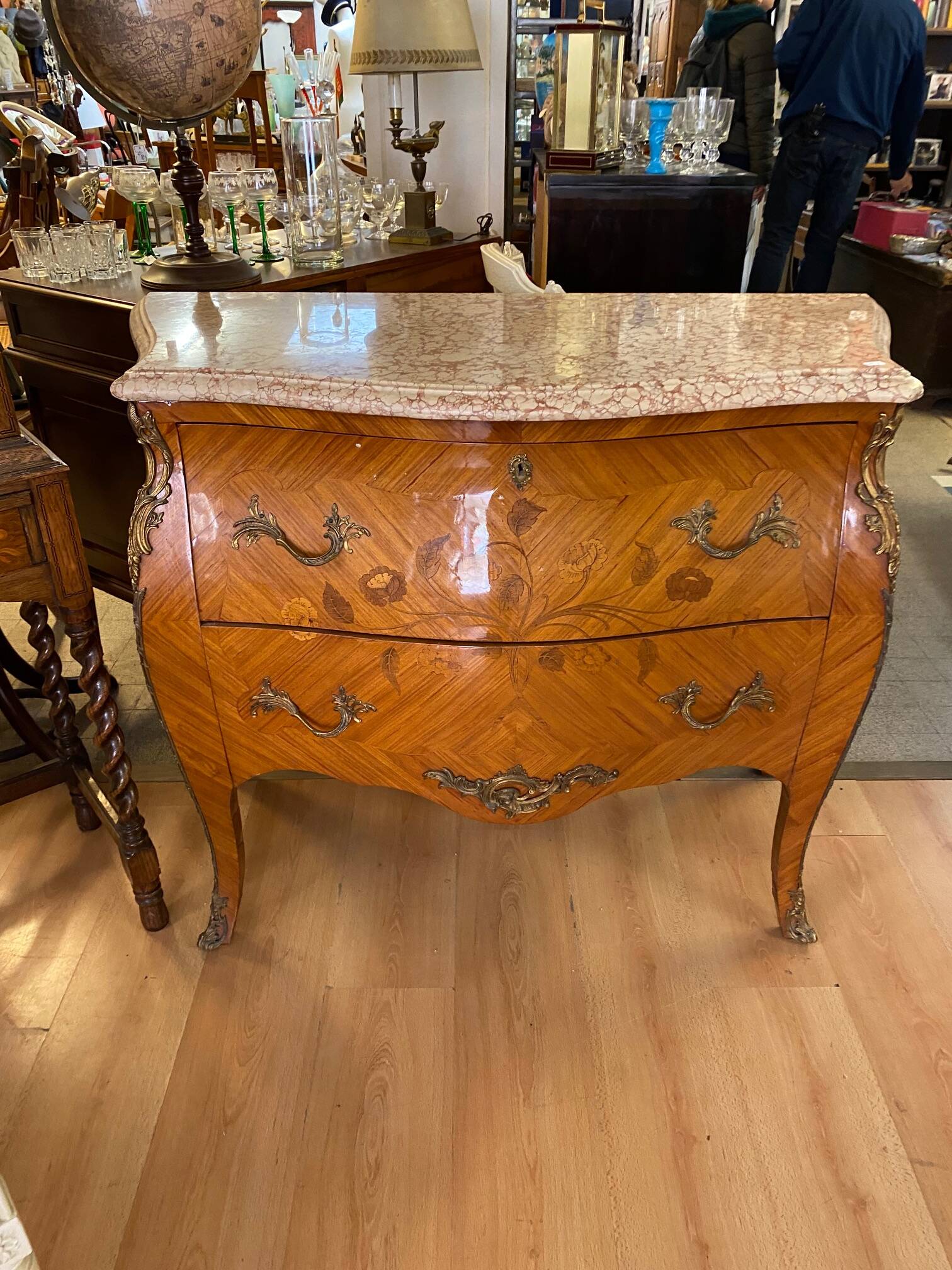 Louis xv style curved chest of drawers in marquetry with marble and embroidered floral decor