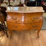 Louis xv style curved chest of drawers in marquetry with marble and embroidered floral decor
