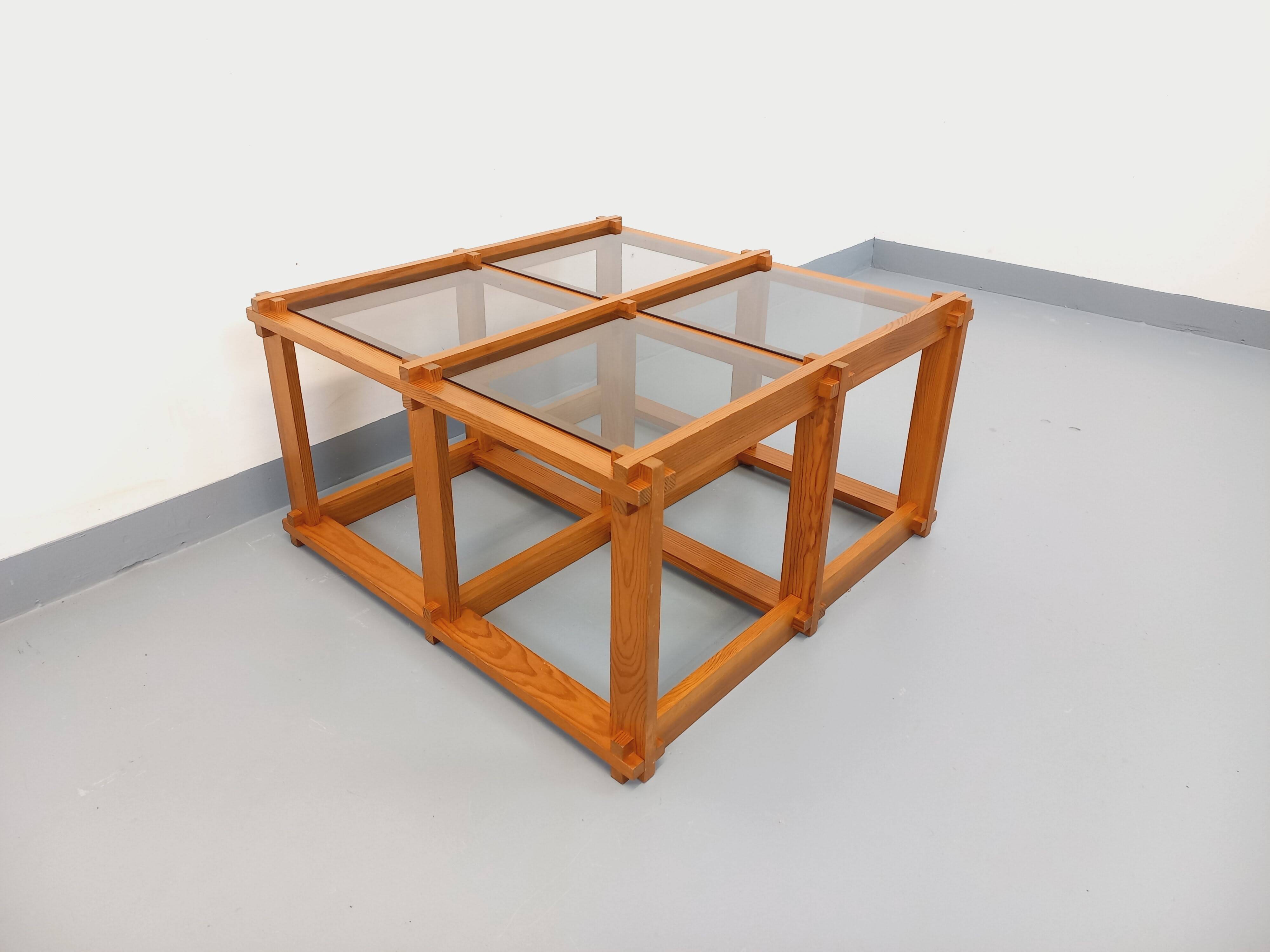 Vintage square coffee table in pine and smoked glass from the 70s and 80s.