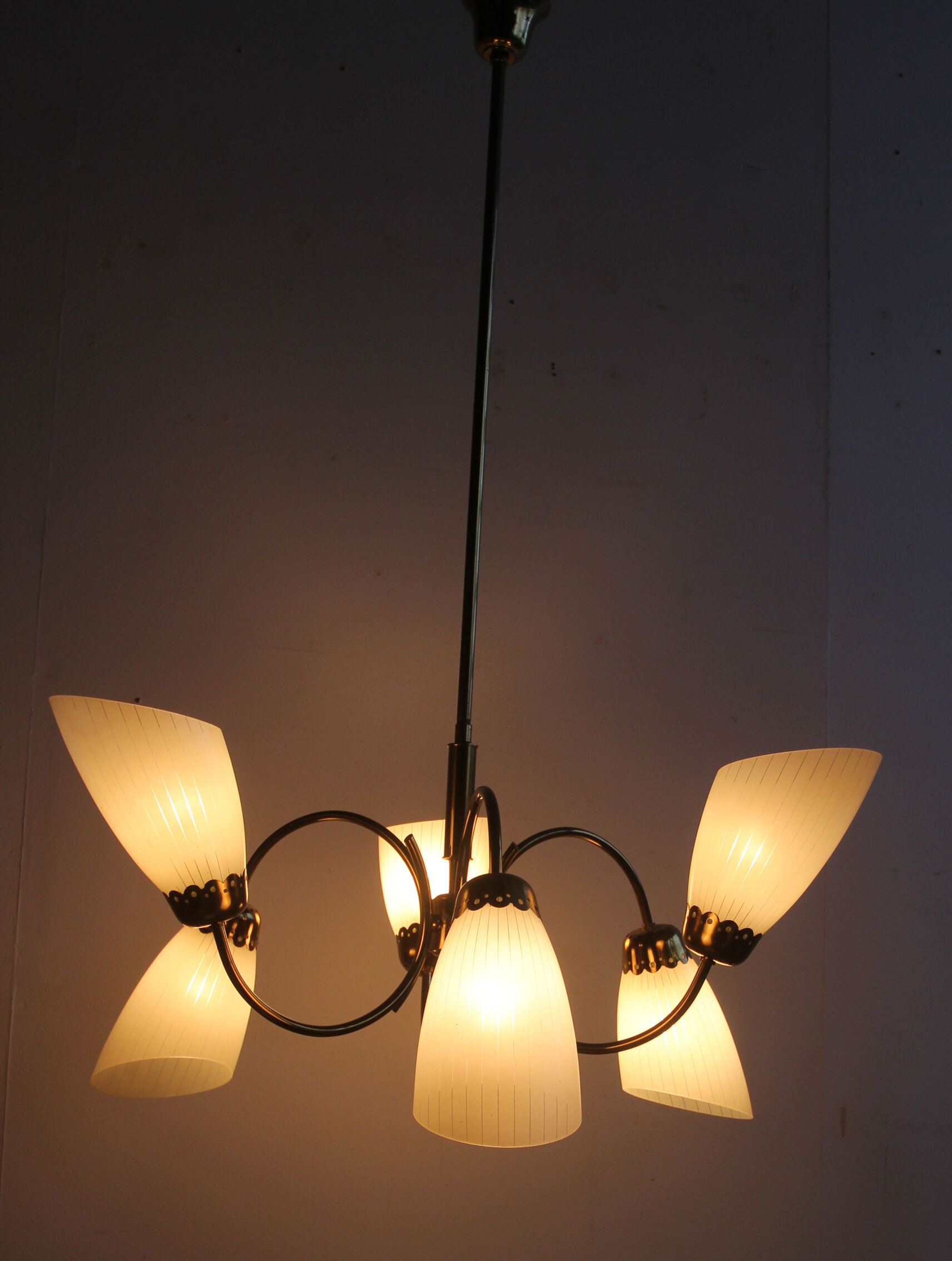 1950s chandelier in brass and glass