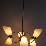 1950s chandelier in brass and glass