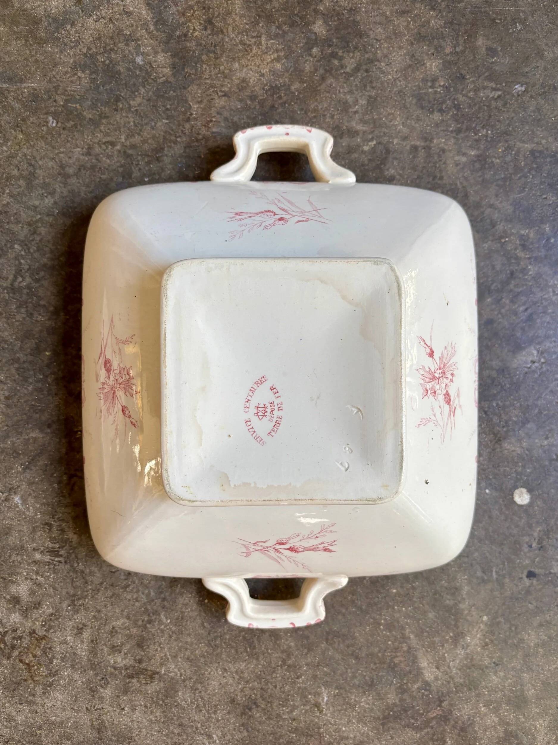 Creil & Montereau square vegetable tureen in ironware, "Centaurée" service