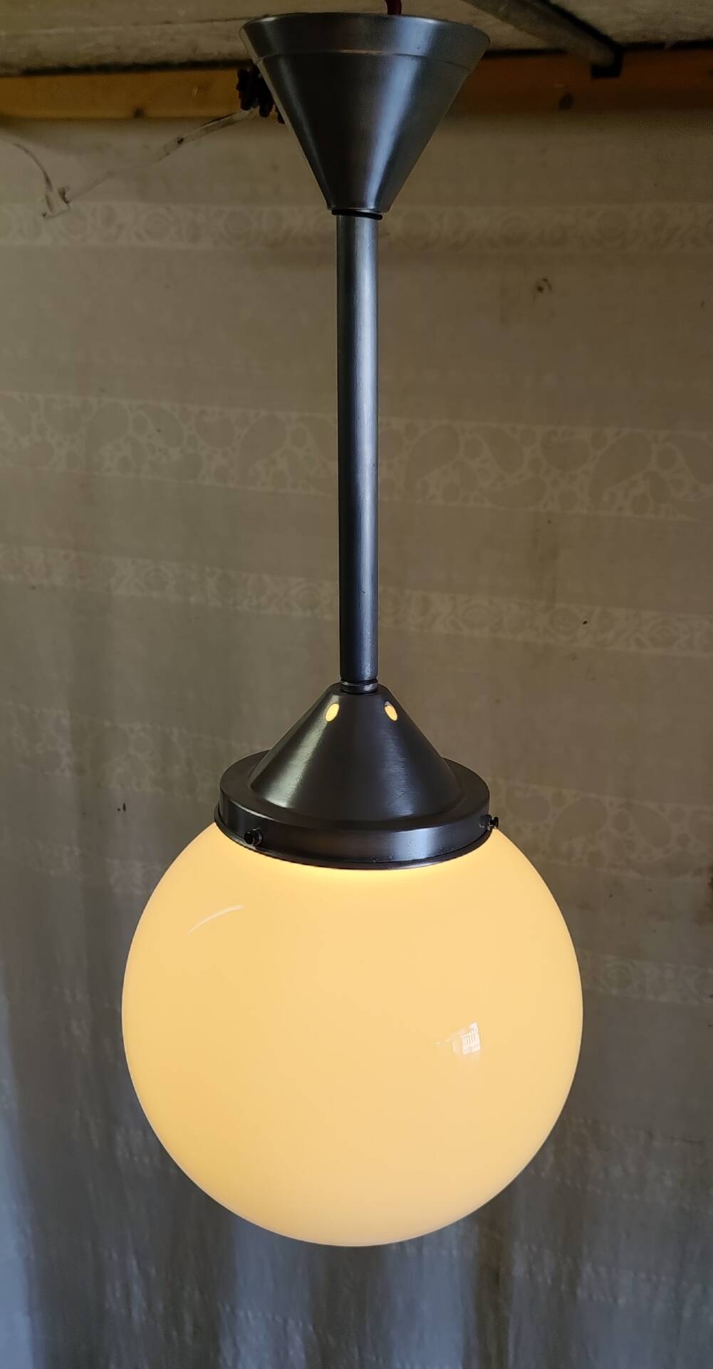 Art Deco aluminium suspension with XL opaline globe - mid 20th century.