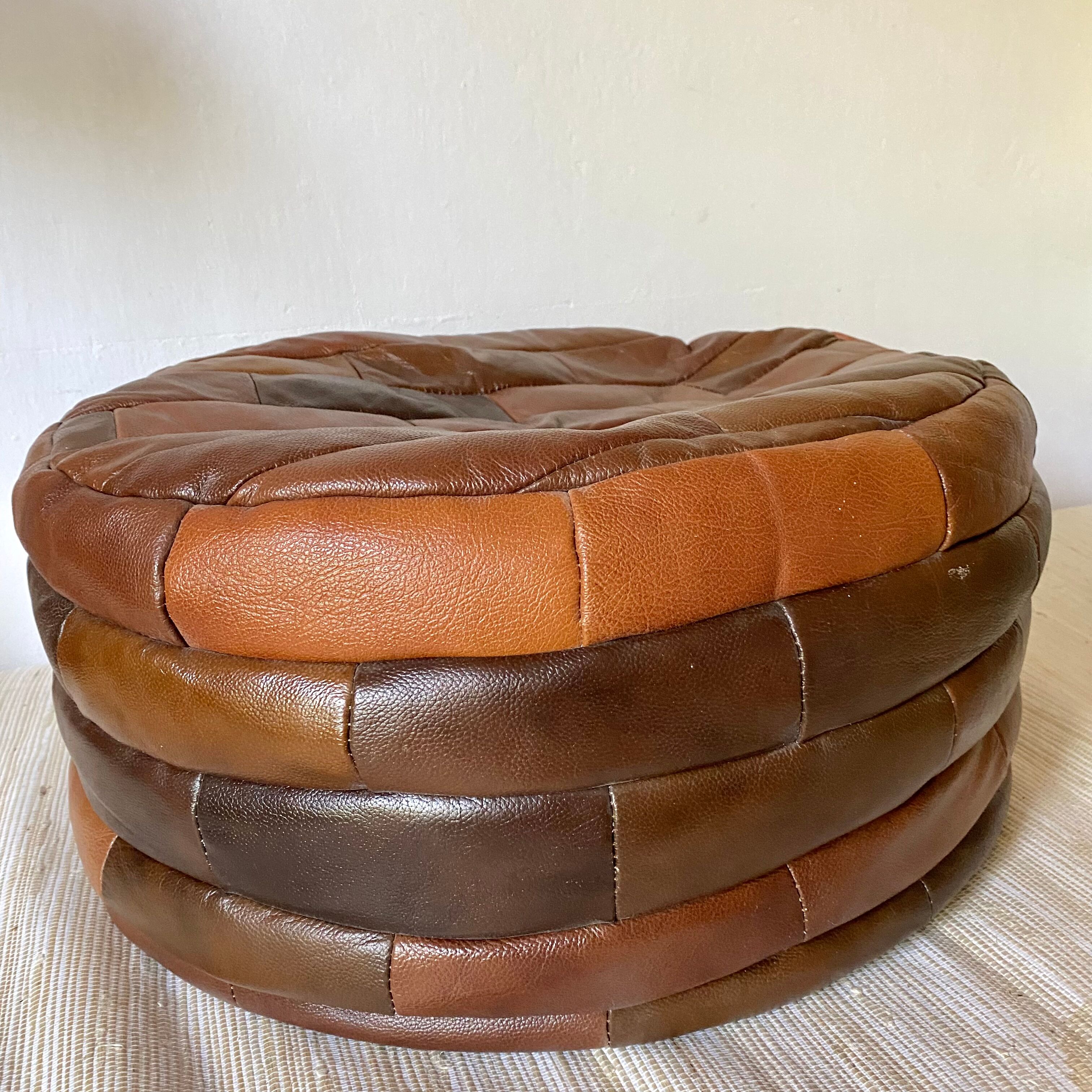 Patchwork leather pouf from the 70s and 80s