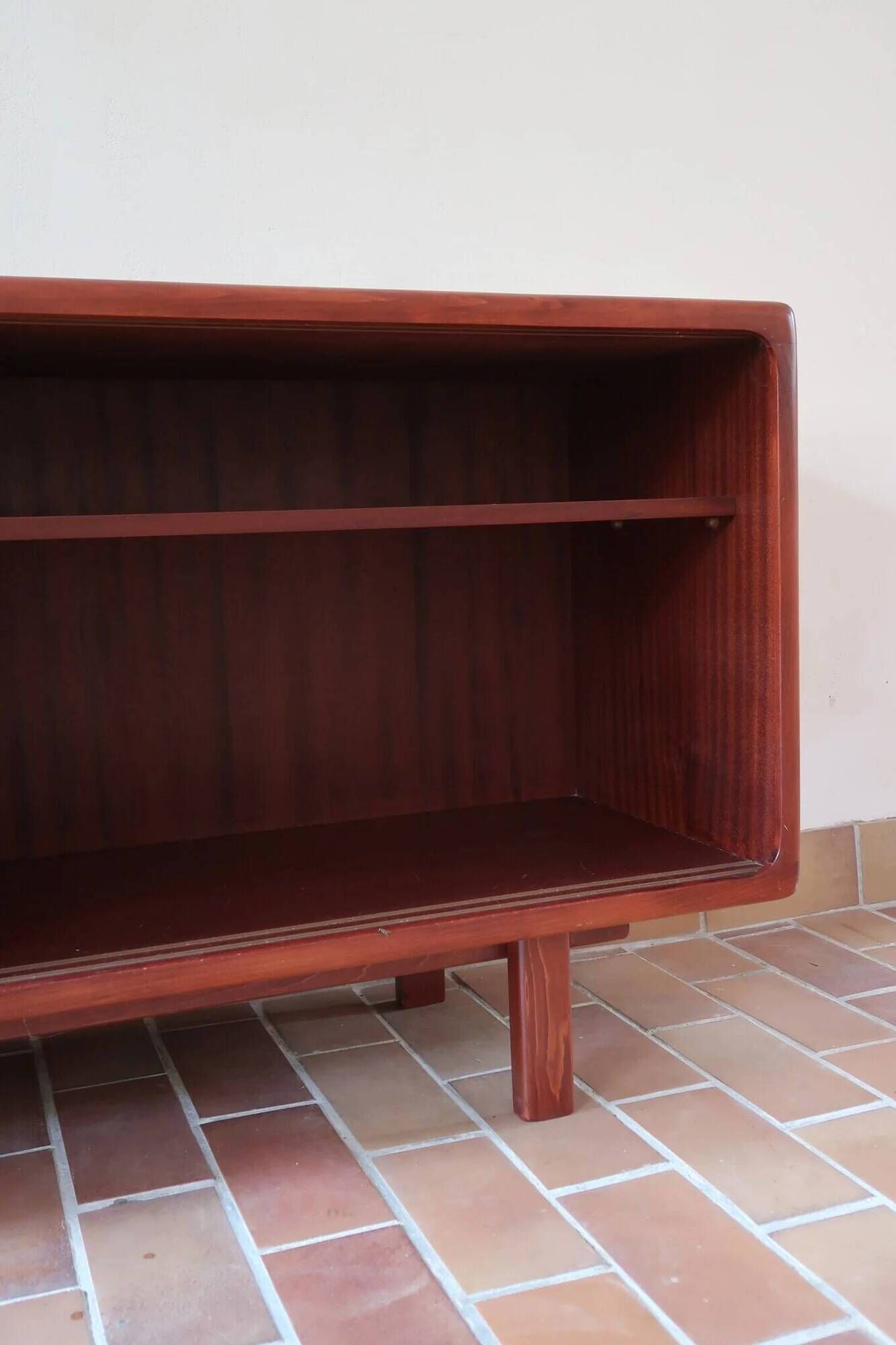 Teak enfilade, sliding doors, black faux leather top, 1970s.