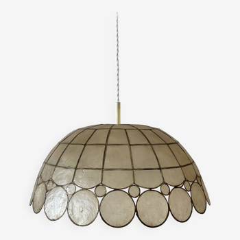 Vintage lampshade pendant light in mother-of-pearl and XXL brass