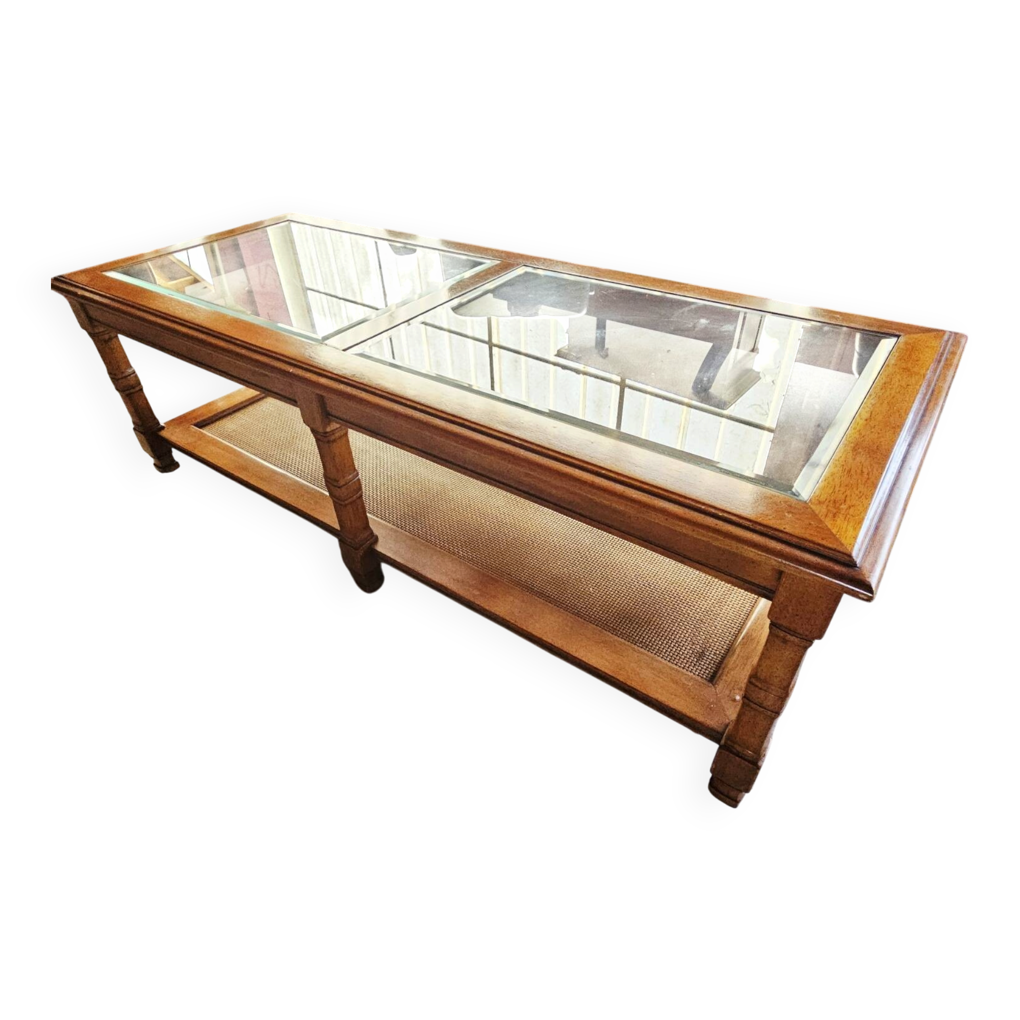 Vintage coffee table in solid wood and glass – double glass top and
