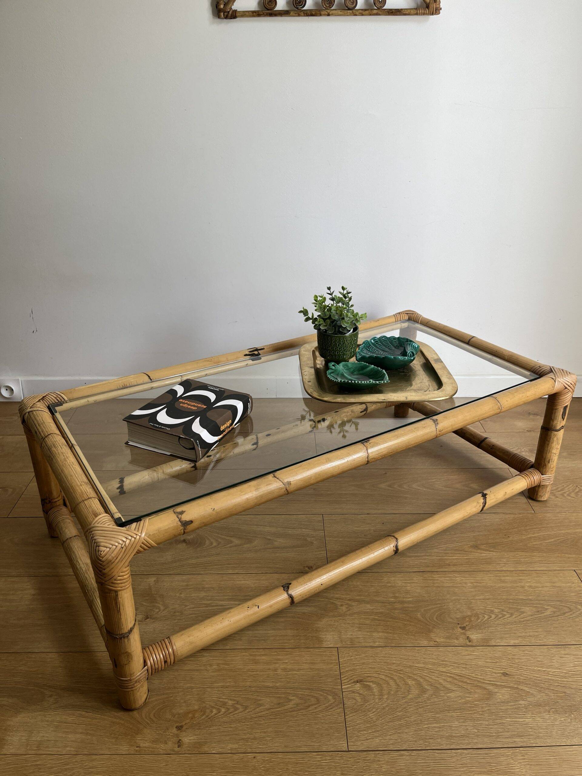 Bamboo rattan and glass coffee table