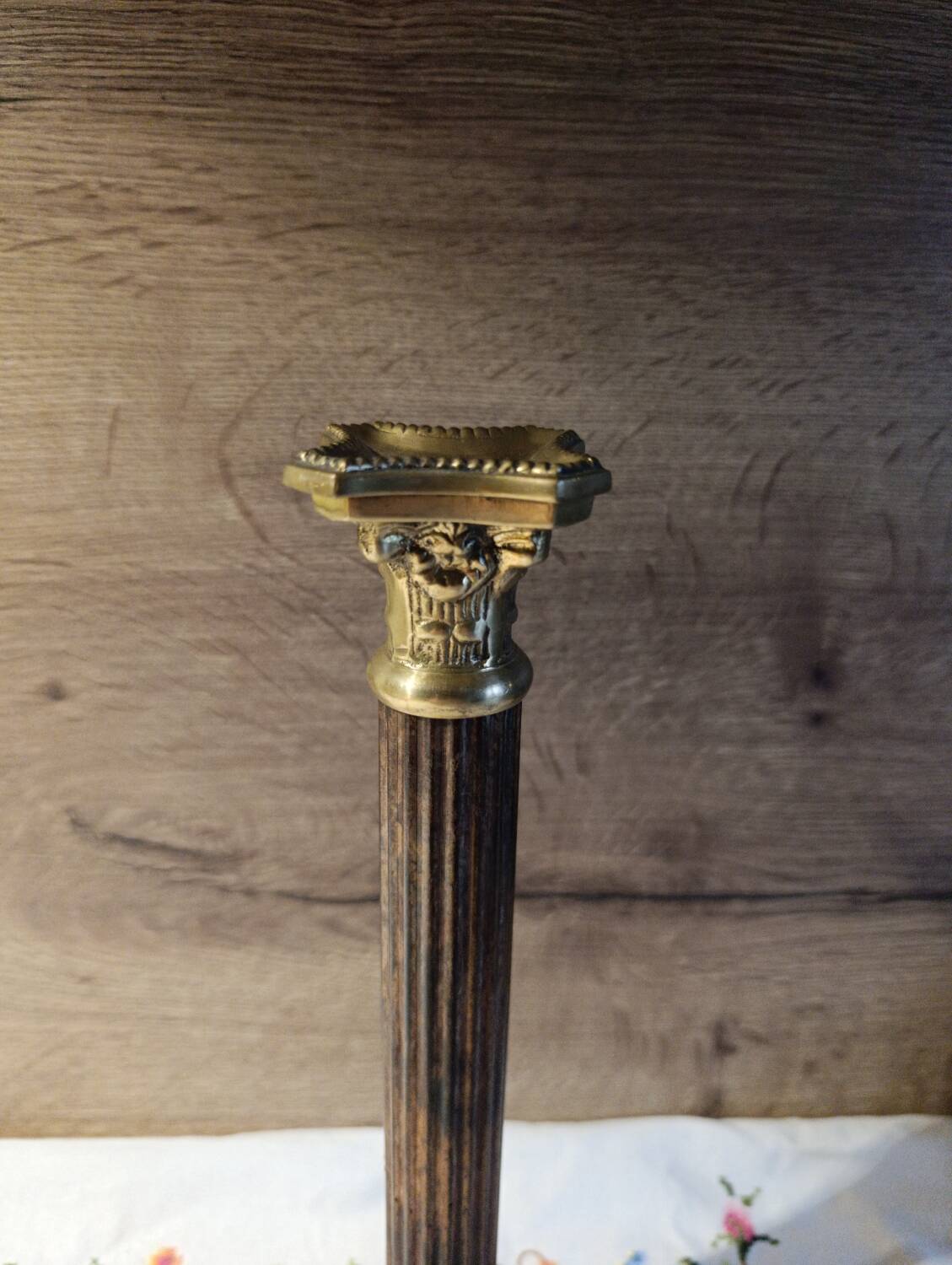 Golden brass candlestick, Corinthian style, vintage