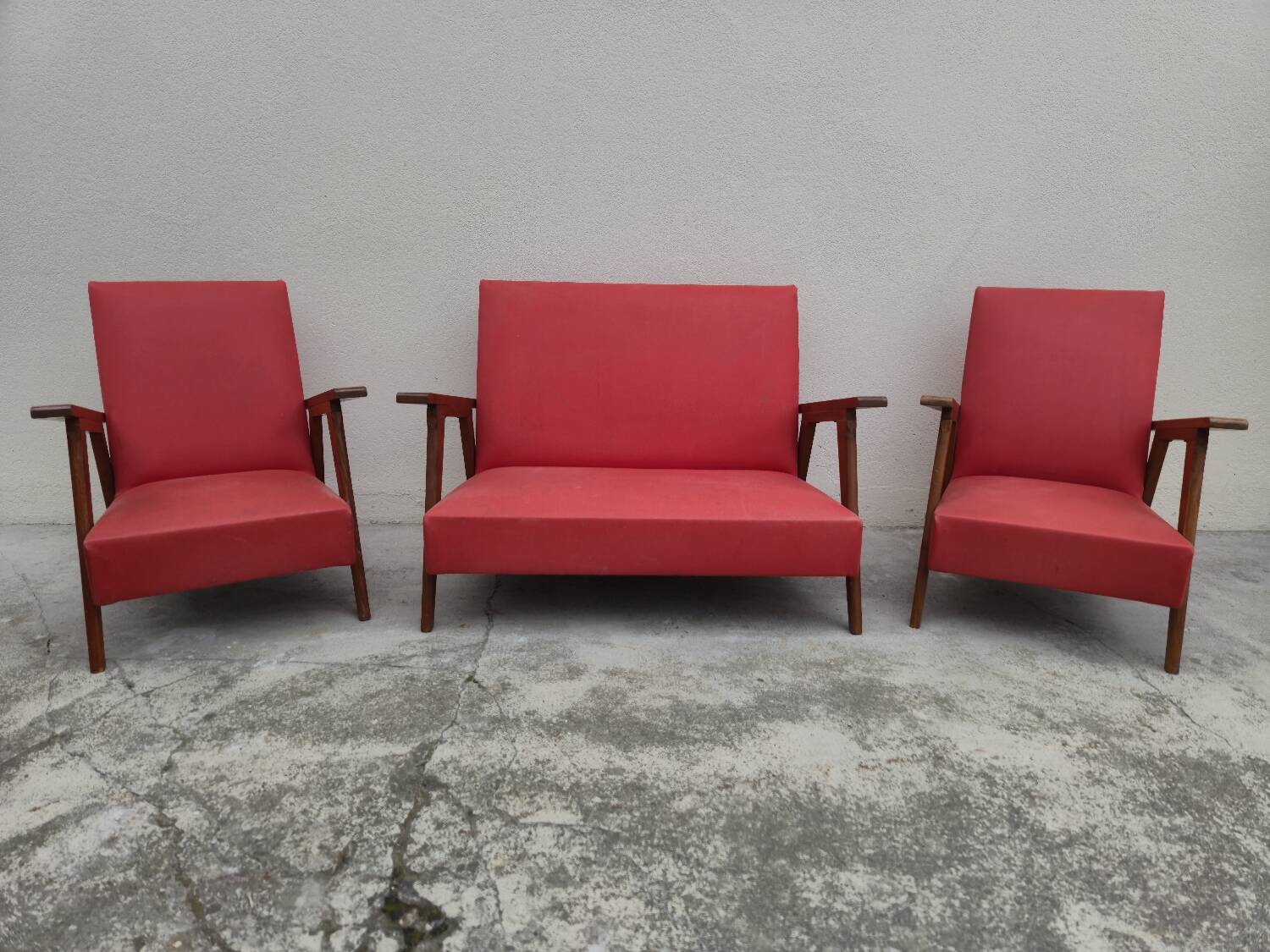 Vintage 1950s children's sofa and two armchairs with compass feet