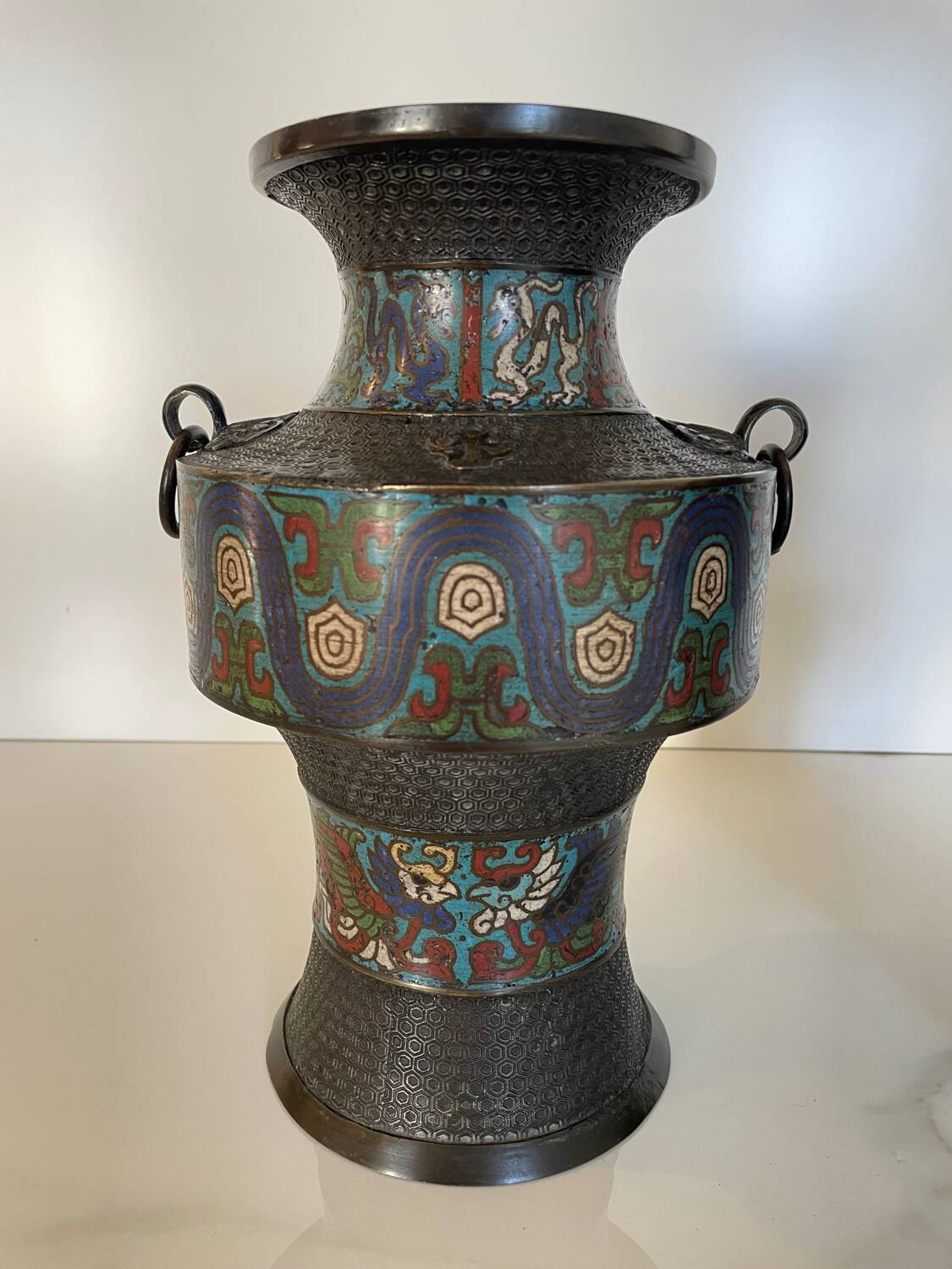 Pair of antique cloisonné bronze vases, China or Japan circa 1900-1930.