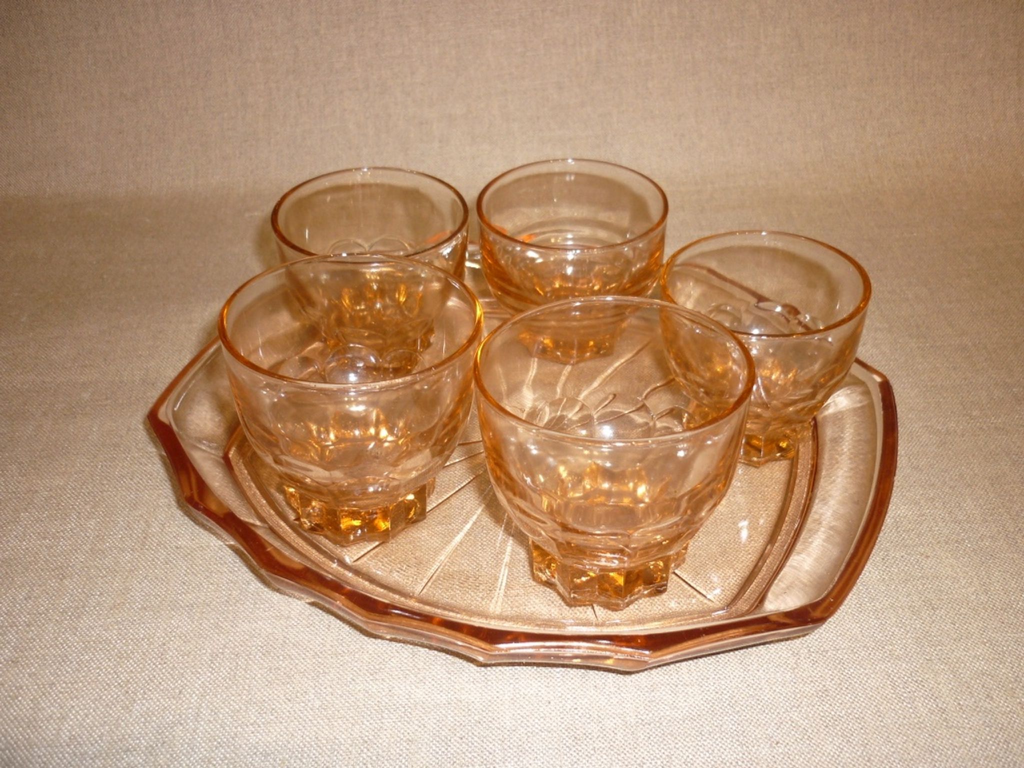 Rosé tray set and 5 art deco glasses
