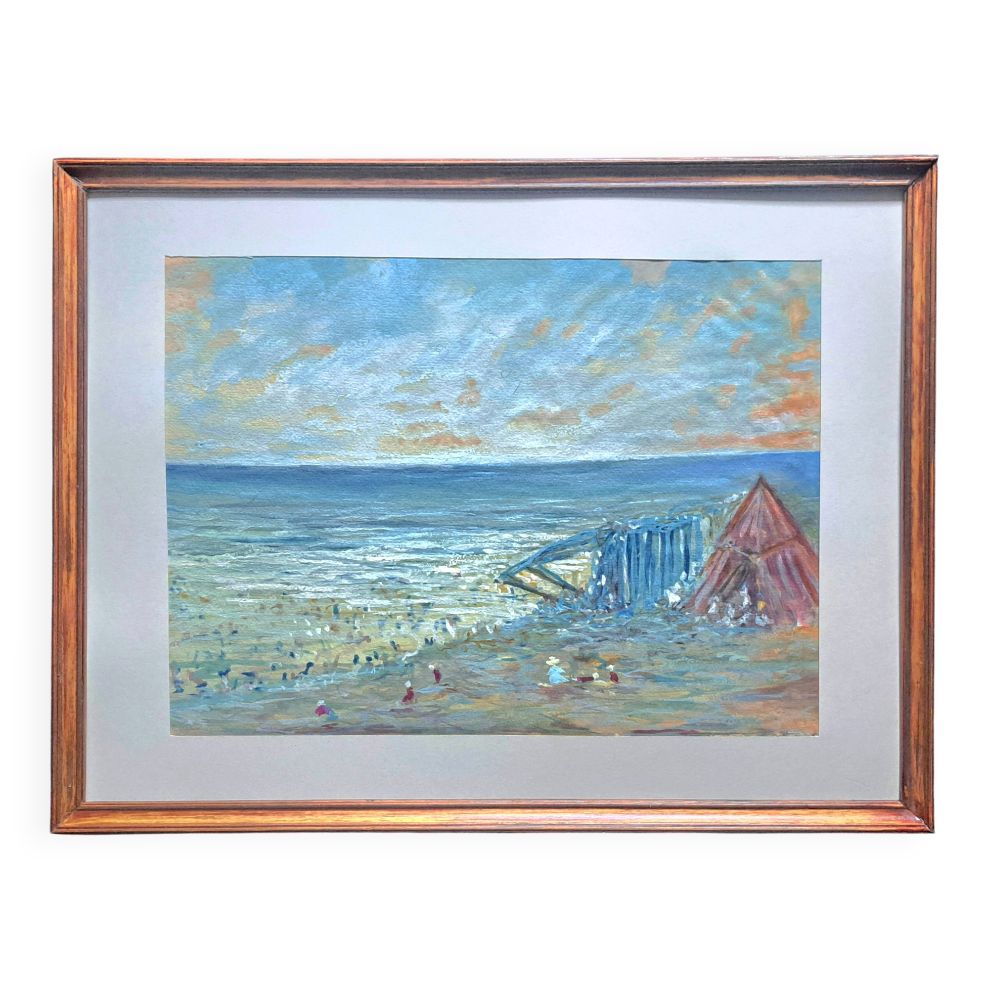 Tableau post-impressionniste à l'aquarelle "Plage de Guéthary" Pays Basque, 1920