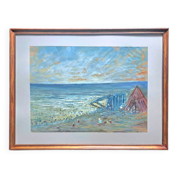 Tableau post-impressionniste à l'aquarelle "Plage de Guéthary" Pays Basque, 1920