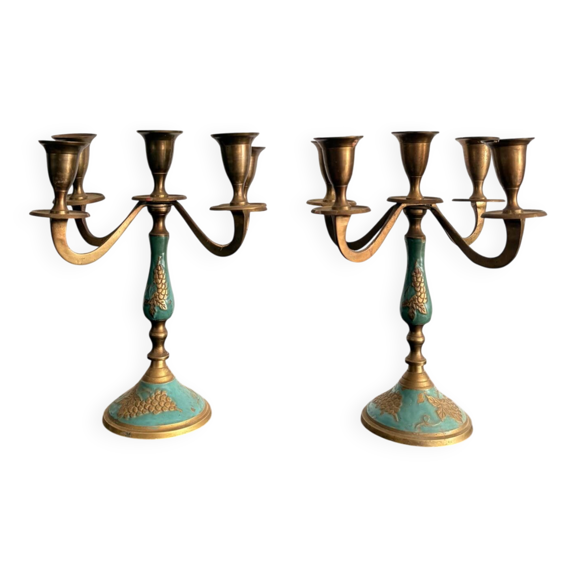 Antique Pair of Candle Holders Chandelier 5 Arms Gilded Brass Enamelled Blue