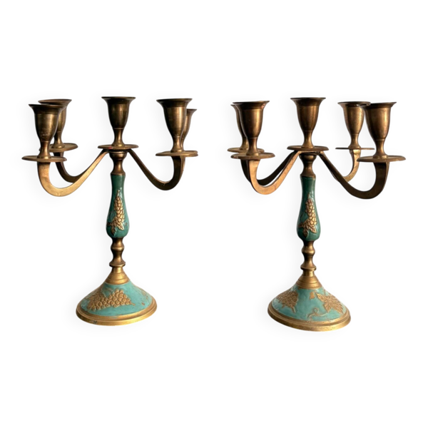 Ancien Paire Bougeoir Chandelier 5 Bras Laiton Doré Emaillé Bleu — Beyit
