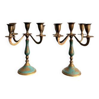 Antique Pair of Candle Holders Chandelier 5 Arms Gilded Brass Enamelled Blue