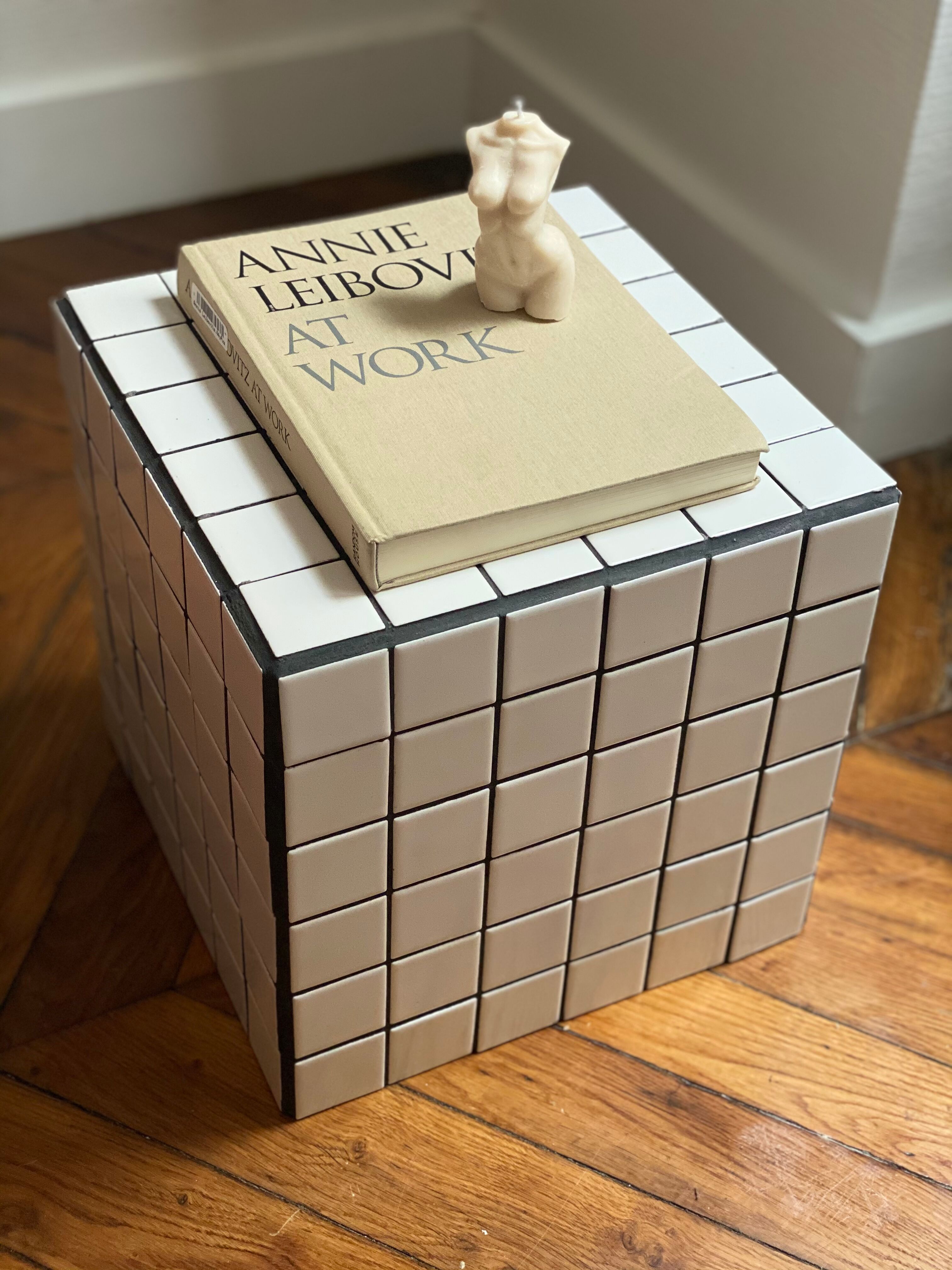 Checkerboard cube bedside table tiled white retro black tile