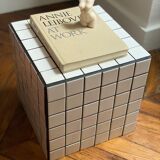 Checkerboard cube bedside table tiled white retro black tile