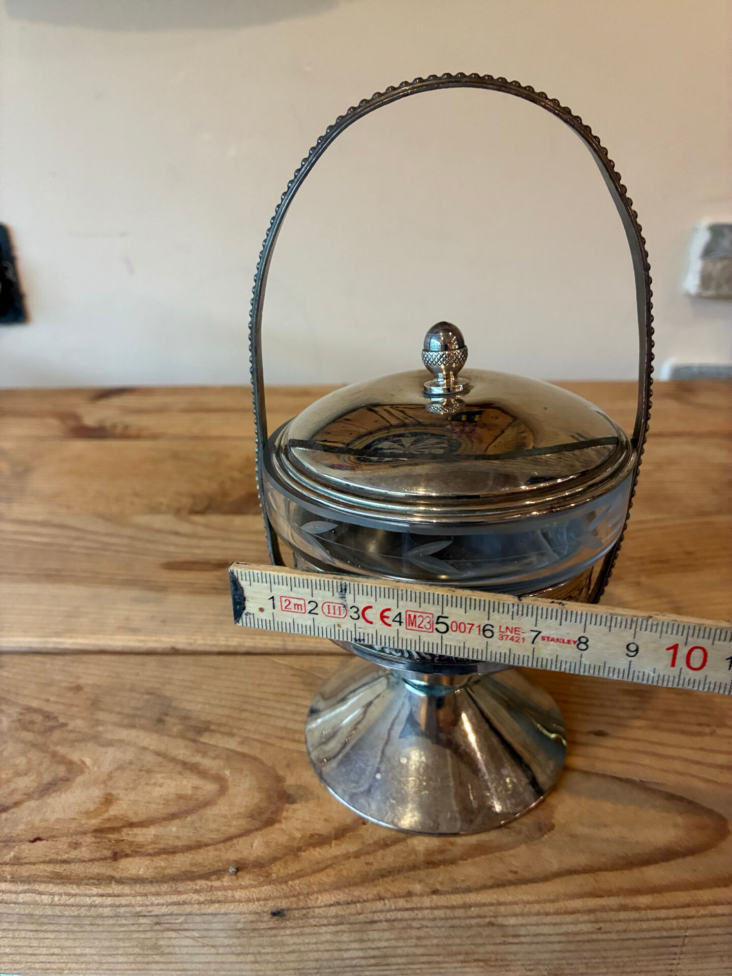 Antique sugar bowl / footed server – Engraved glass & metal mount
