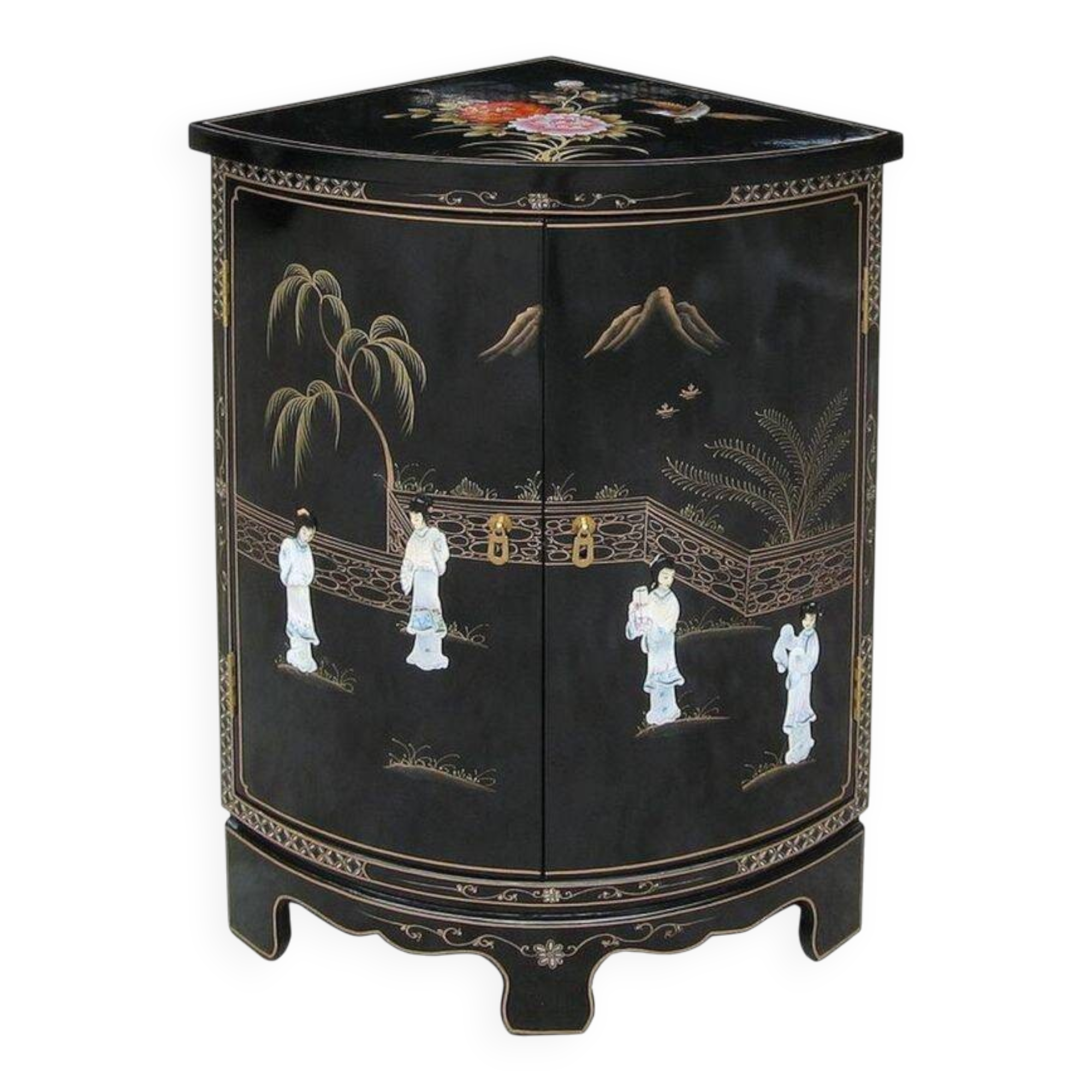 Meuble d'angle chinois noir incrusté de nacres