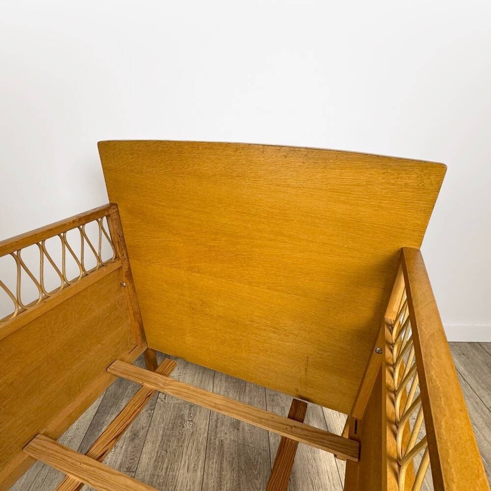 Bohemian wooden and rattan children's bed from the 60s