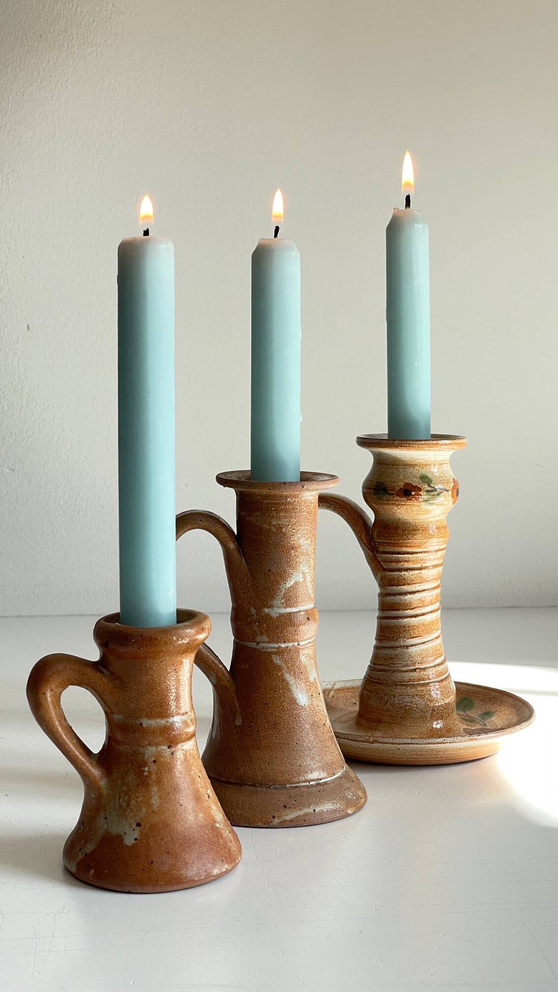 3 vintage handcrafted pottery candle holders