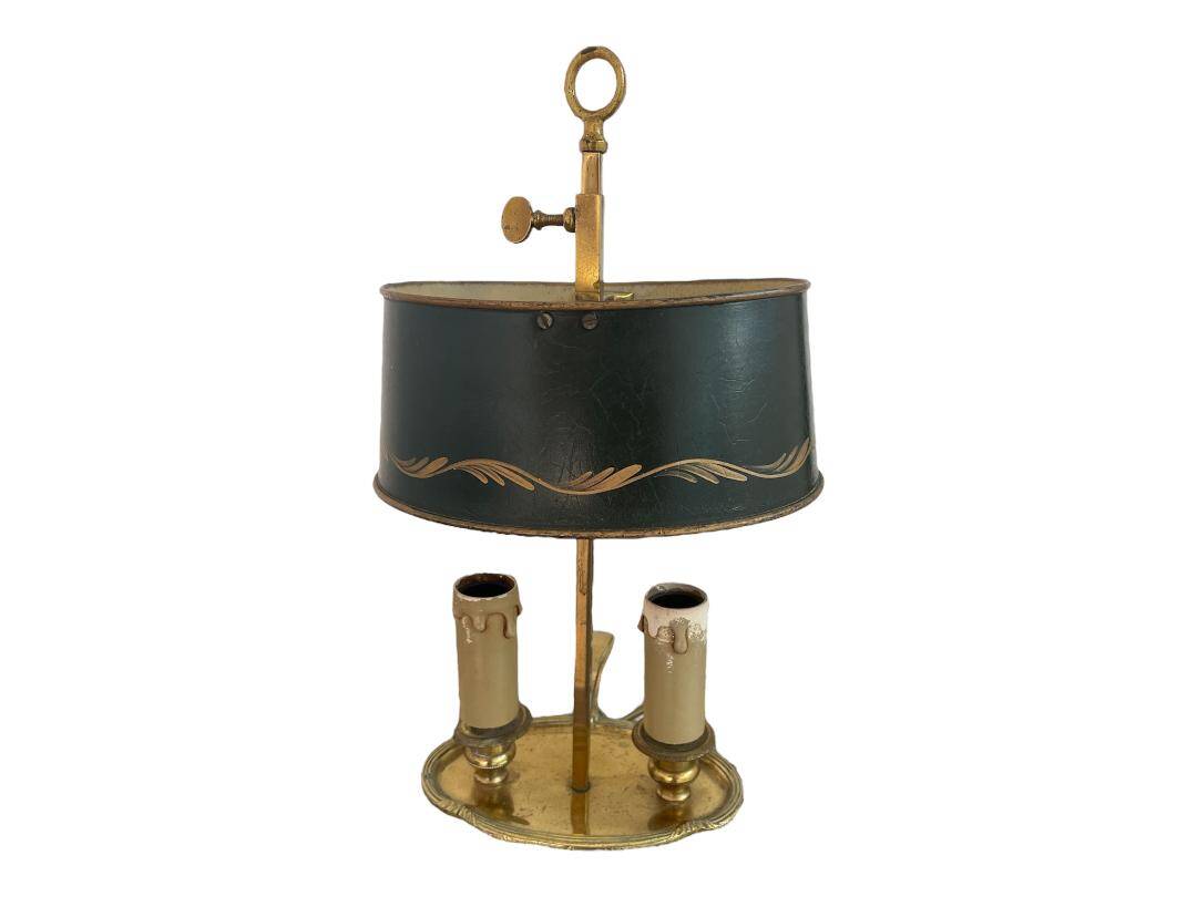 Louis XVI style two-light bouillotte lamp, green lampshade, hand-painted