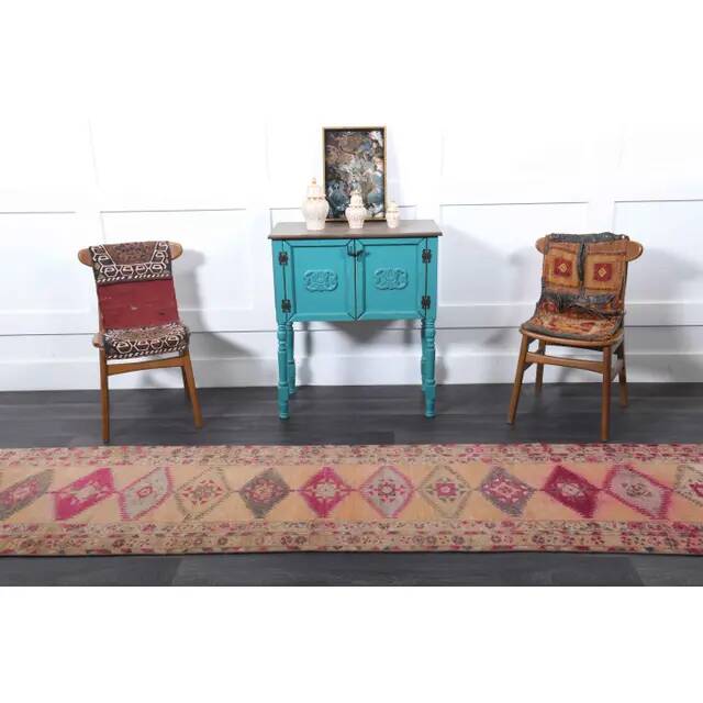 Vintage Turkish Hand-Knotted Wool Cotton Orange Runner Rug 85x344