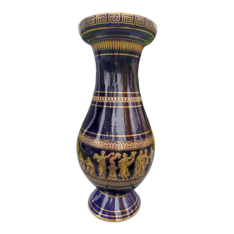Vase Grec en céramique émaillée. Scènes de vie de la mythologie Grec incrustations or 24 c