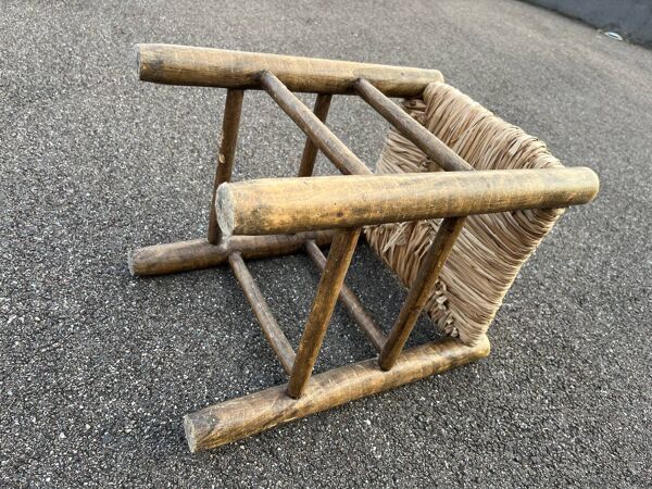 Vintage tabouret bauche bois et paille 1950