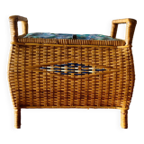 Large vintage rattan and wicker sewing basket with fabric seat