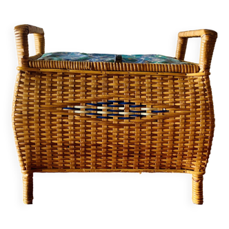 Large vintage rattan and wicker sewing basket with fabric seat