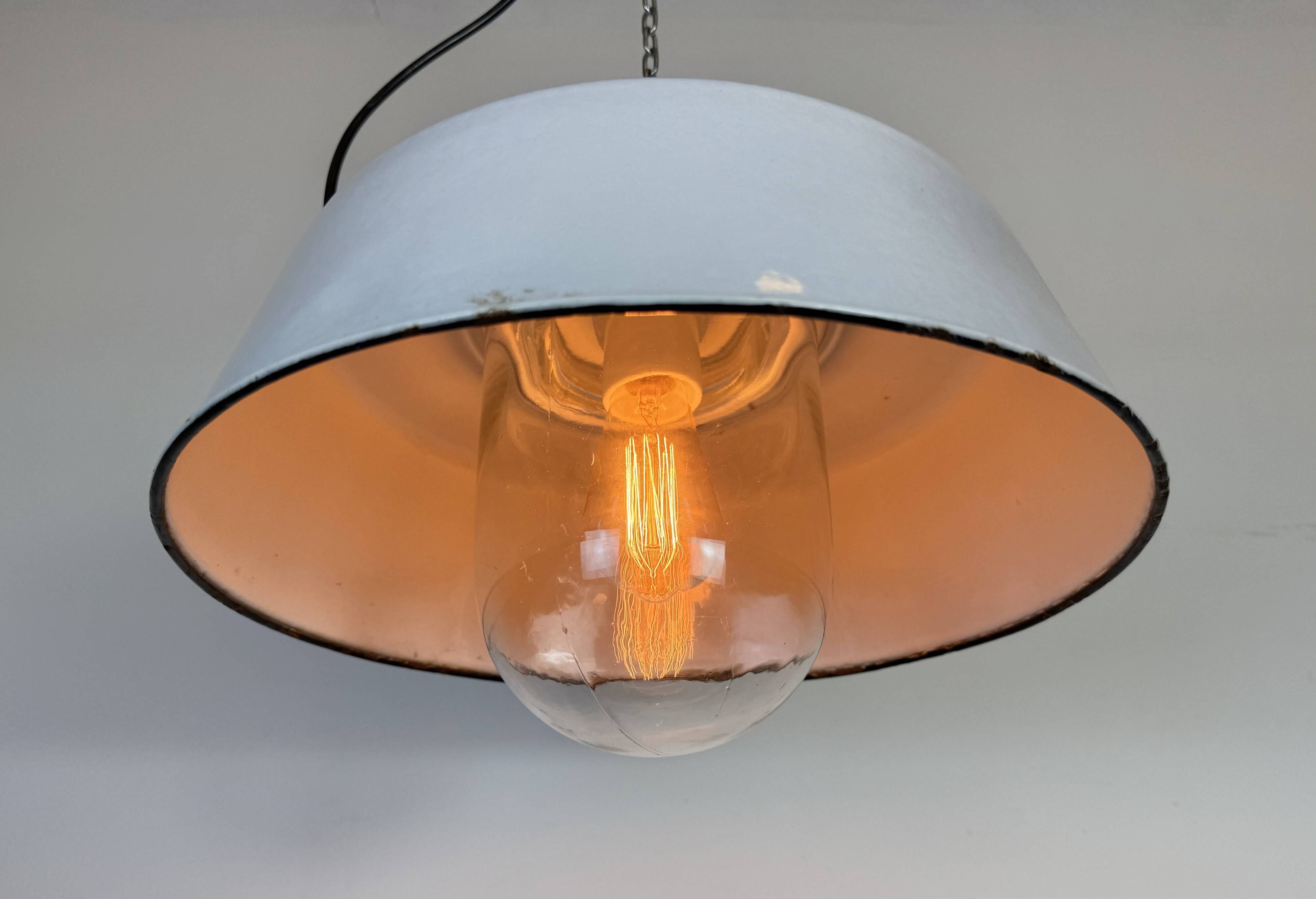 Industrial Grey Enamel Factory Pendant Lamp with Glass Cover, 1960s