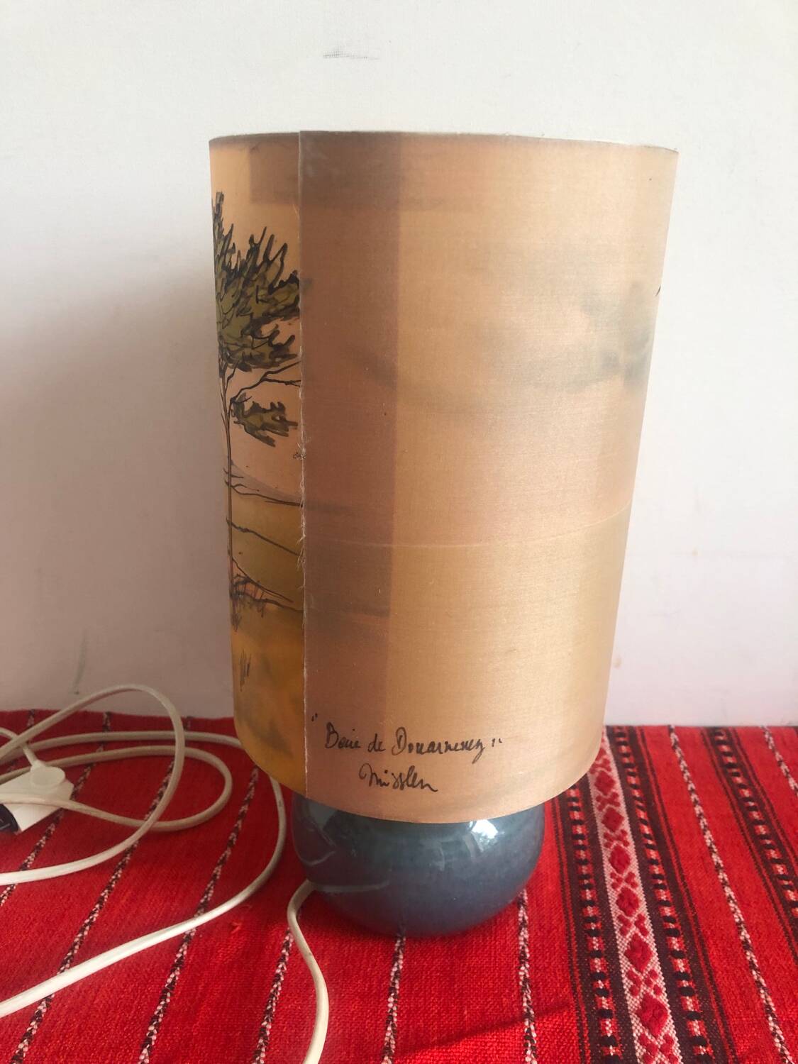 Old ceramic lamp with a silk shade signed Misslen.
