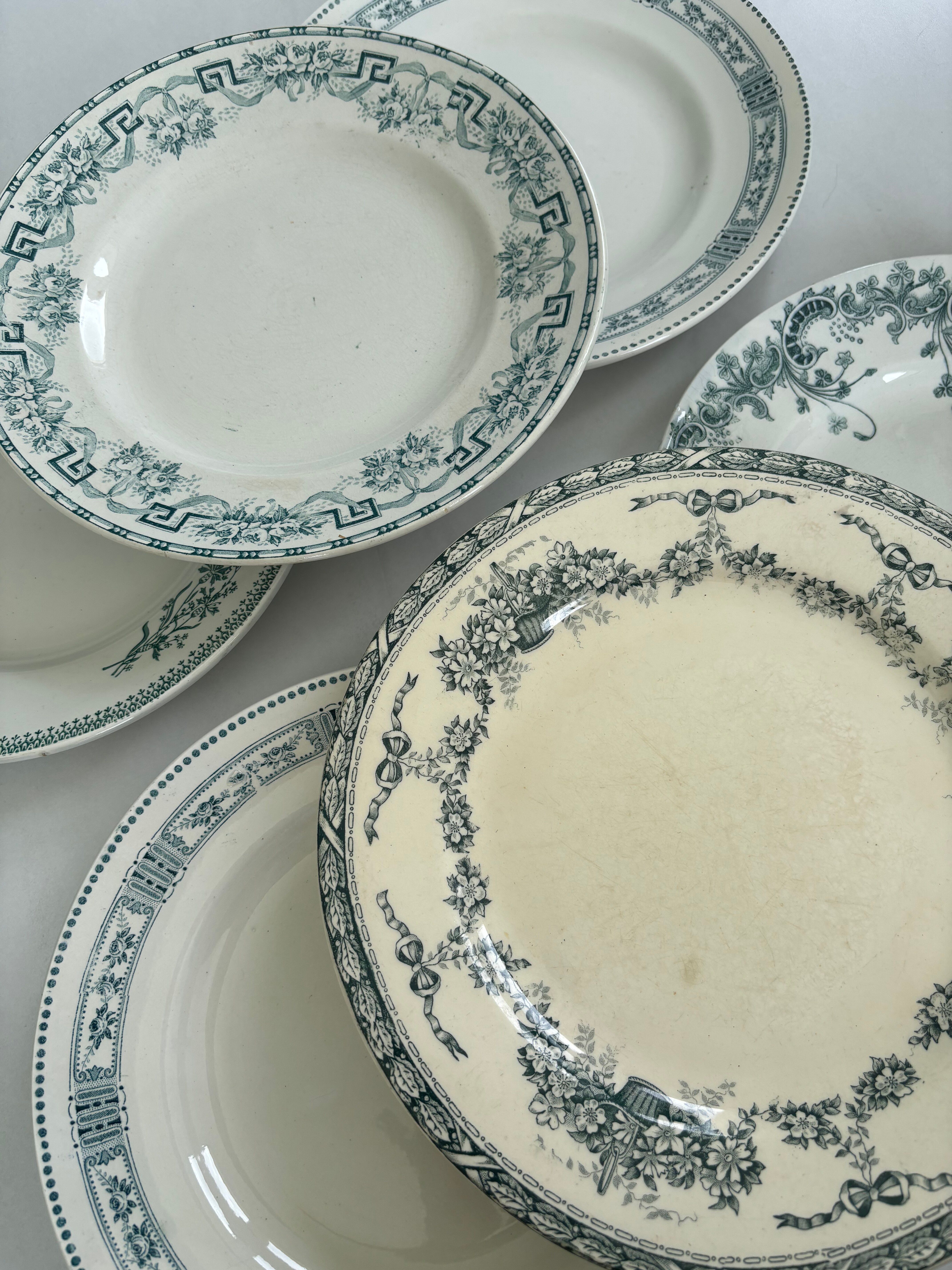 Lot of 6 blue-green ironstone plates, antique French earthenware.