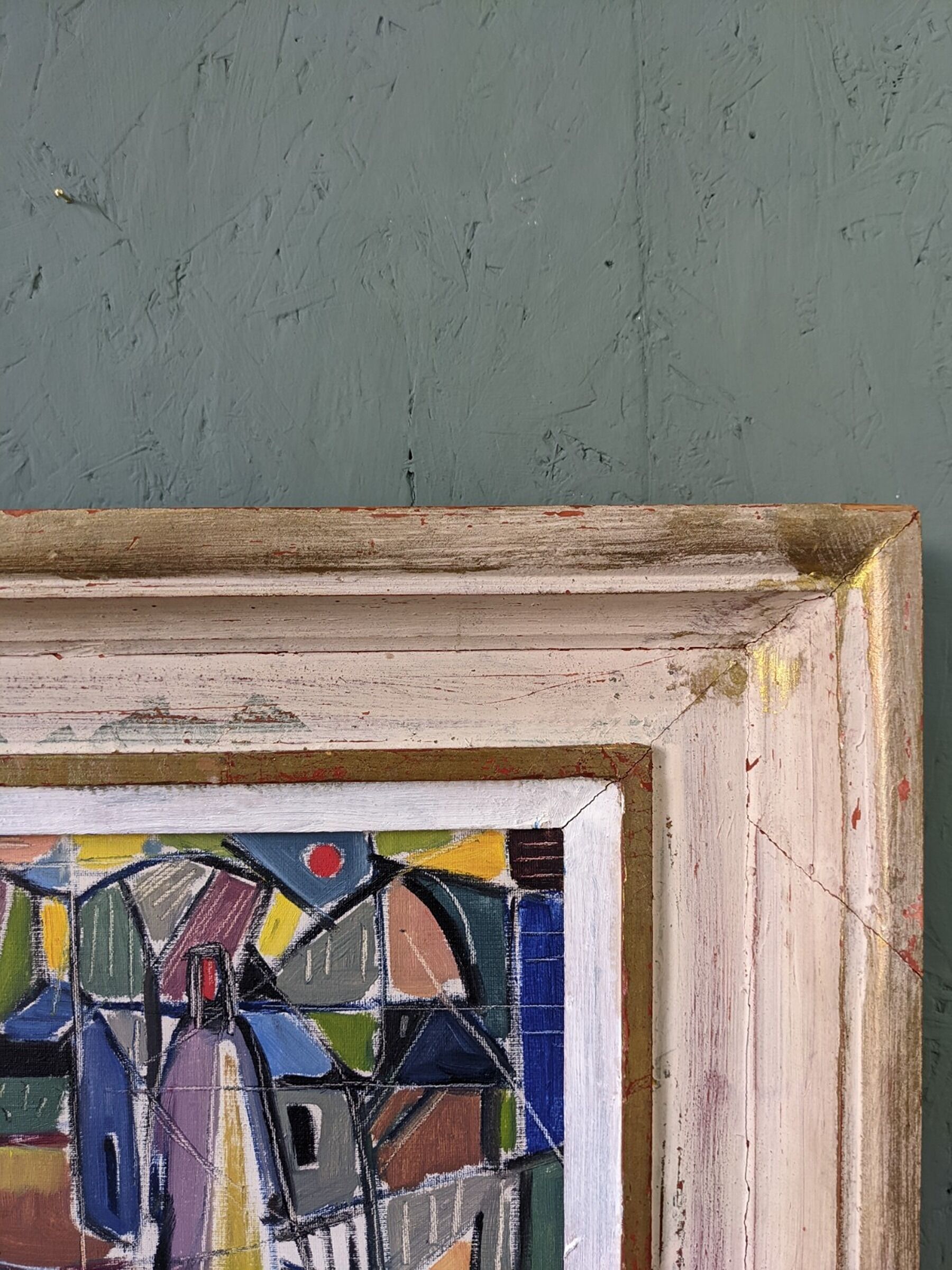 1951 Mid-Century Modern "Figures in Colour" Vintage Geometric Abstract Figurative Oil Painting, Fram