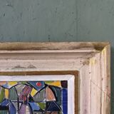 1951 Mid-Century Modern "Figures in Colour" Vintage Geometric Abstract Figurative Oil Painting, Fram