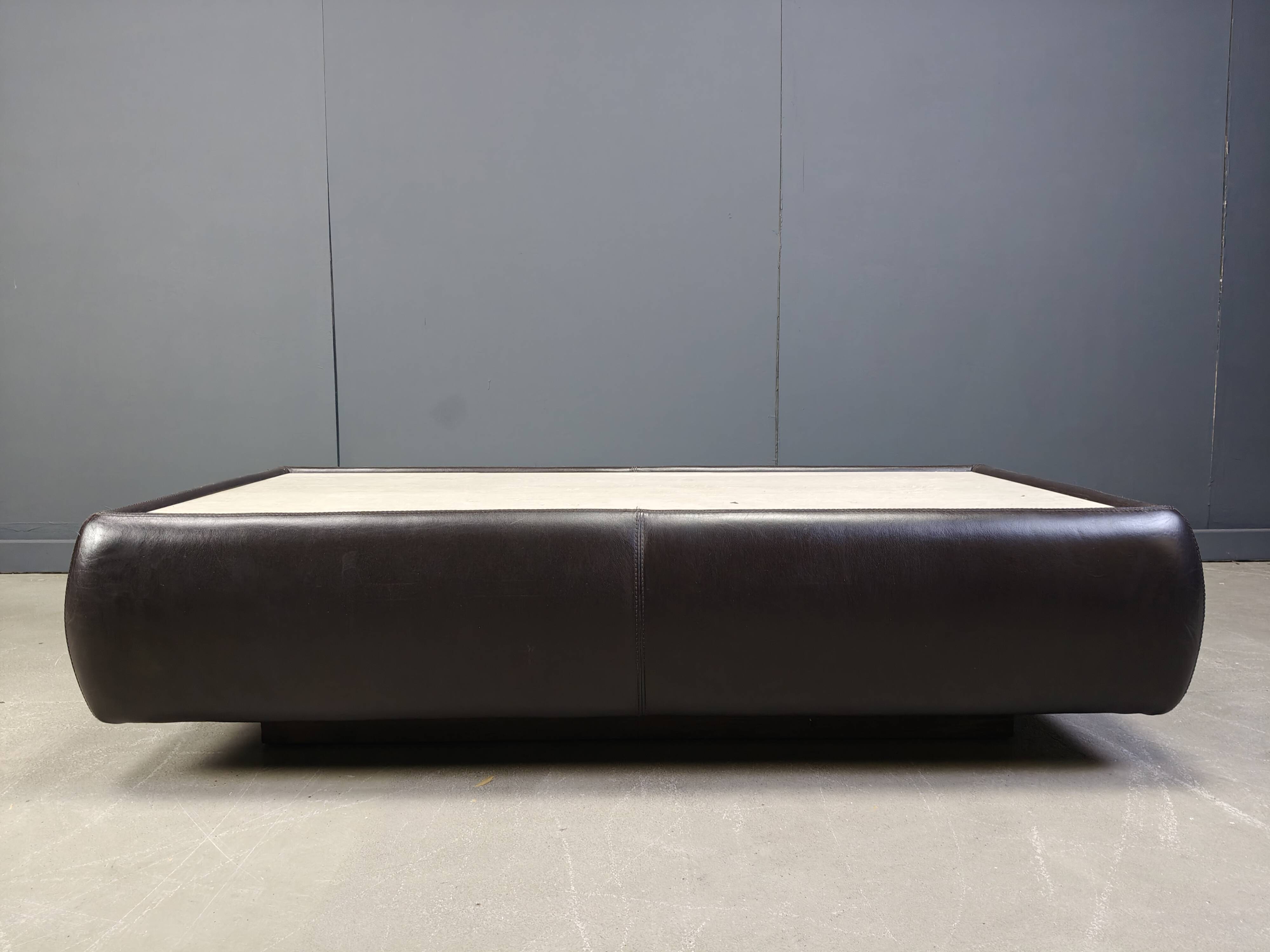 Leather and travertine coffee table attr to Desede, 1970s