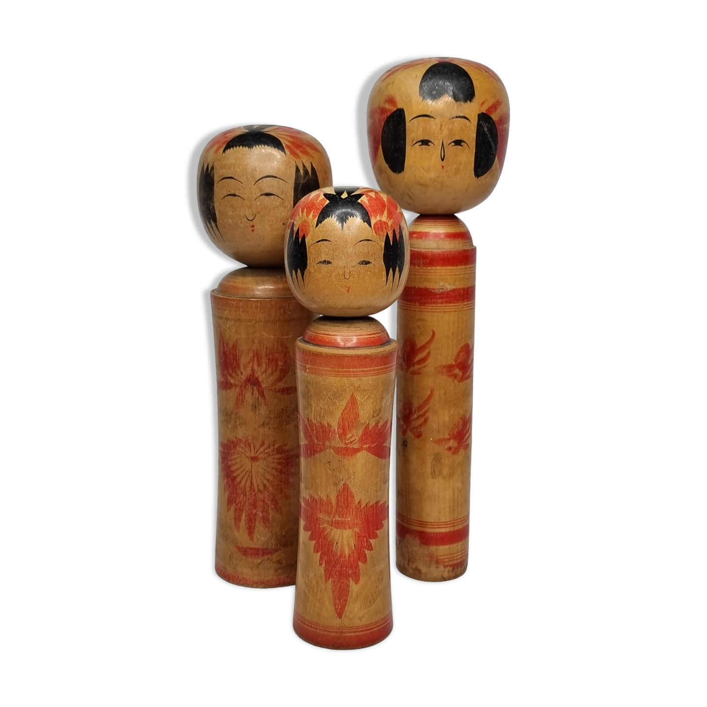 Set of three Kokeshi family dolls, vintage, 32 cm