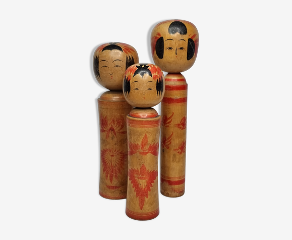 Ensemble de trois poupées Kokeshi famille, vintage, 32 cm