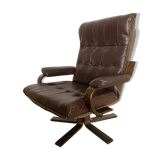 Scandinavian tilting and swivel armchair in curved wood and leather