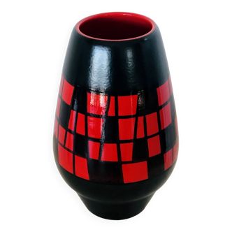 Vase piriforme en céramique rouge et noire par Elchinger, France années 60
