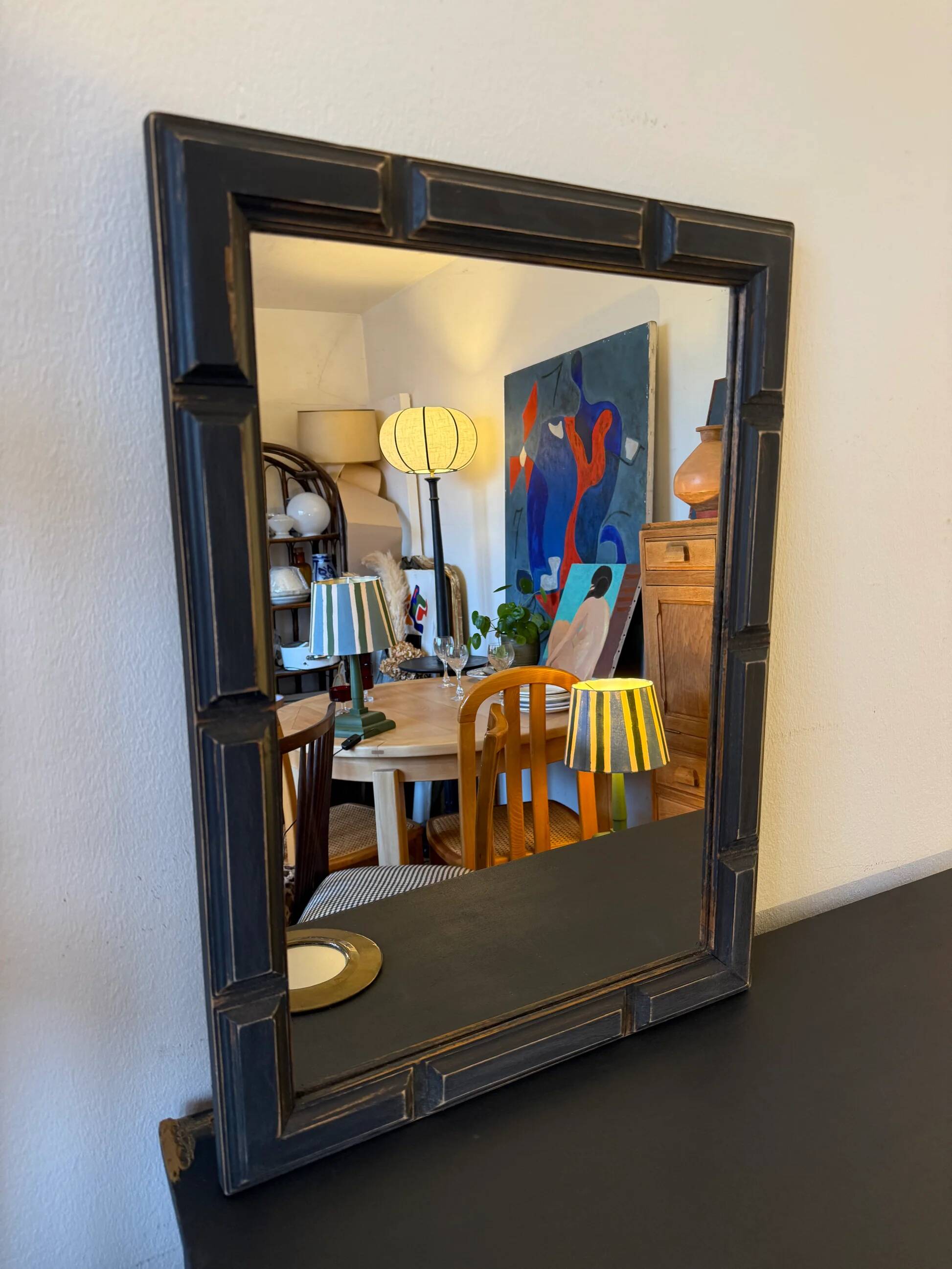 Patinated black rectangular wooden mirror