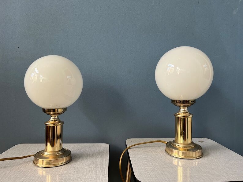 Set of 2 Vintage Golden Opal Glass Desk Lamp