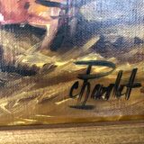 Oil on canvas: chickens and rooster