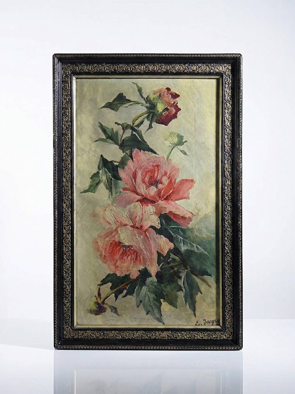Large antique painting of peonies, signed E. Jacque, late 19th to early 20th century.